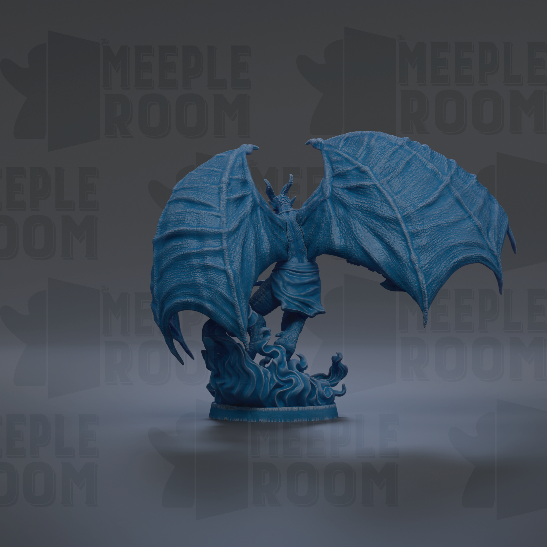 A 3D rendering of a blue bat-like creature with wings, standing on a base and facing to the right.