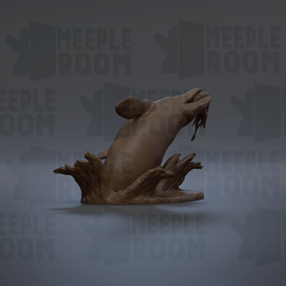 A 3D rendering of a rat-like creature with a large snout and sharp teeth, sitting on a rock formation.