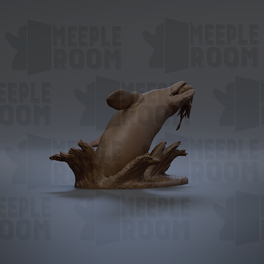 A 3D rendering of a rat-like creature with a large snout and sharp teeth, sitting on a rock formation.