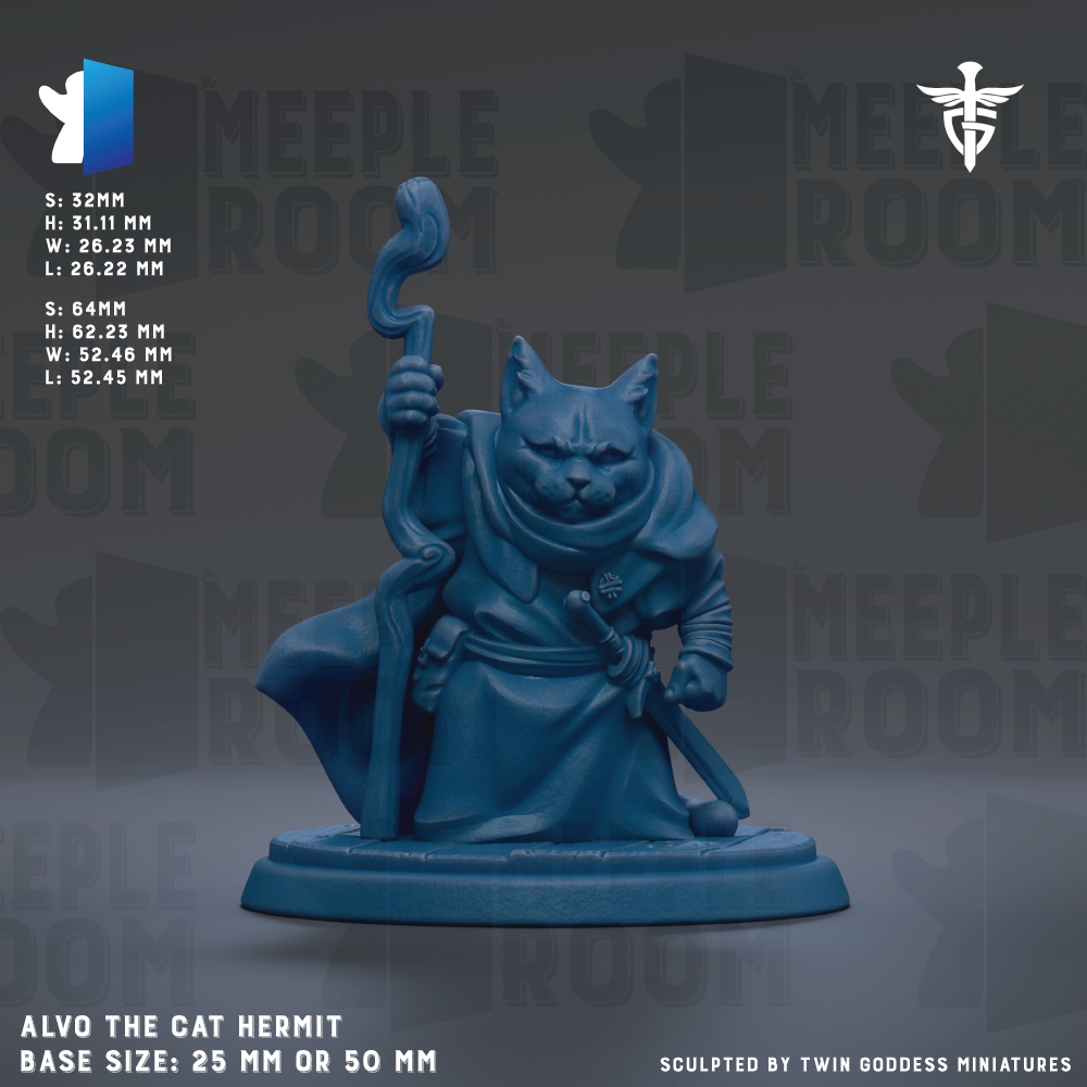 The image is a figurine of a cat, specifically a hermit-like character, with a staff and a robe. The figurine is described as being 25mm or 50mm in size, and it is sculpted by Twin Goddess Miniatures. The background of the image is a dark gray color, and there is text and logos related to the figurine and the company.