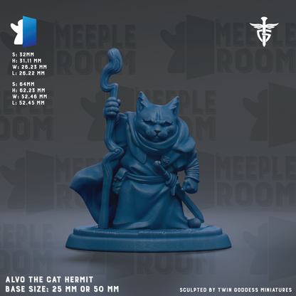 The image is a figurine of a cat, specifically a hermit-like character, with a staff and a robe. The figurine is described as being 25mm or 50mm in size, and it is sculpted by Twin Goddess Miniatures. The background of the image is a dark gray color, and there is text and logos related to the figurine and the company.