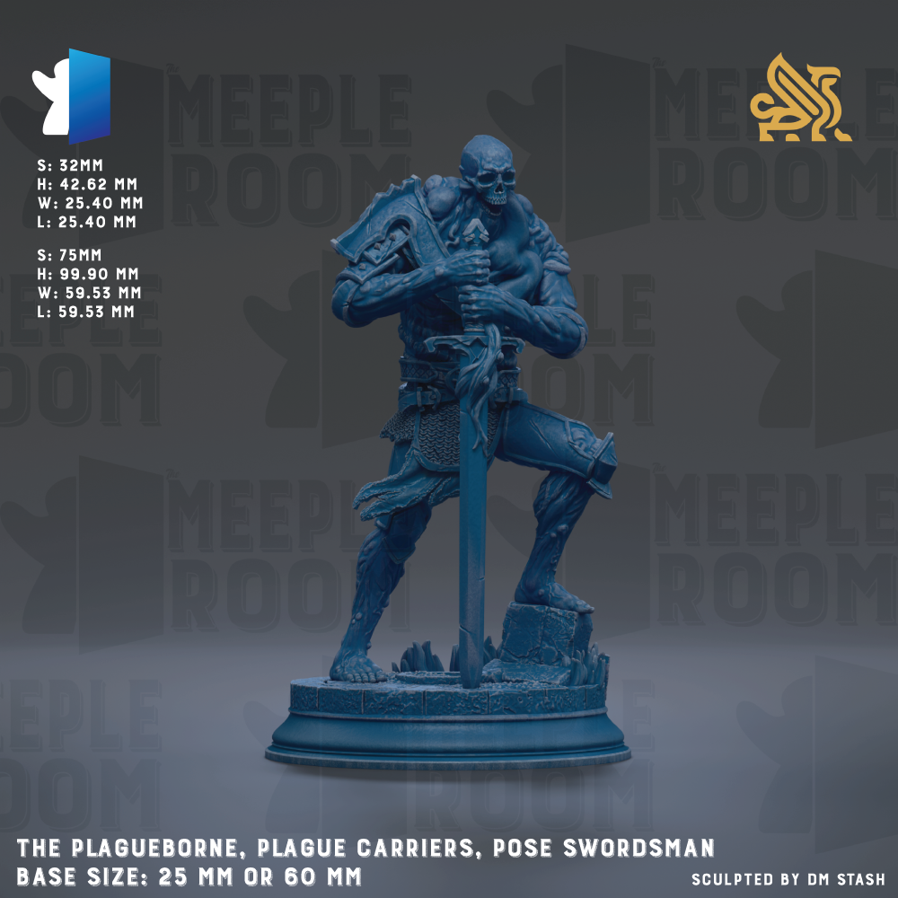 a blue statue of a Plague Carrier, a pose swordsman, with a skull on its shoulder. The base size of the statue is 25mm or 60mm.
