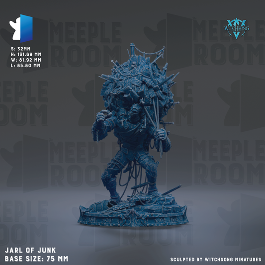 The image is a detailed model of a character from the video game "Meeple Room" with a base size of 7.5 mm. The character is shown in a dynamic pose, holding various objects and surrounded by a complex arrangement of wires and cables. The background features repeated text and logos related to the game and its universe.