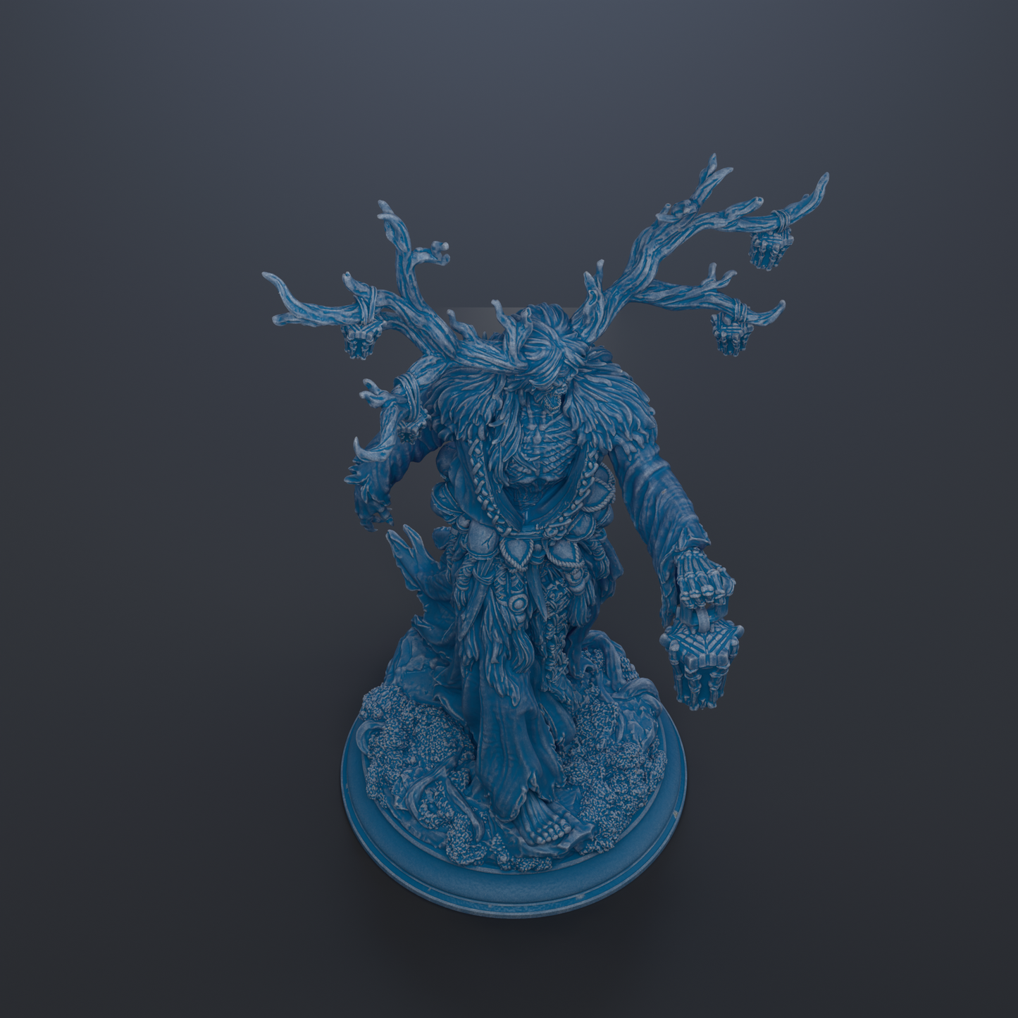 A 3D rendering of a fantastical creature with intricate, detailed features, including a large head, long neck, and a flowing, ornate body.