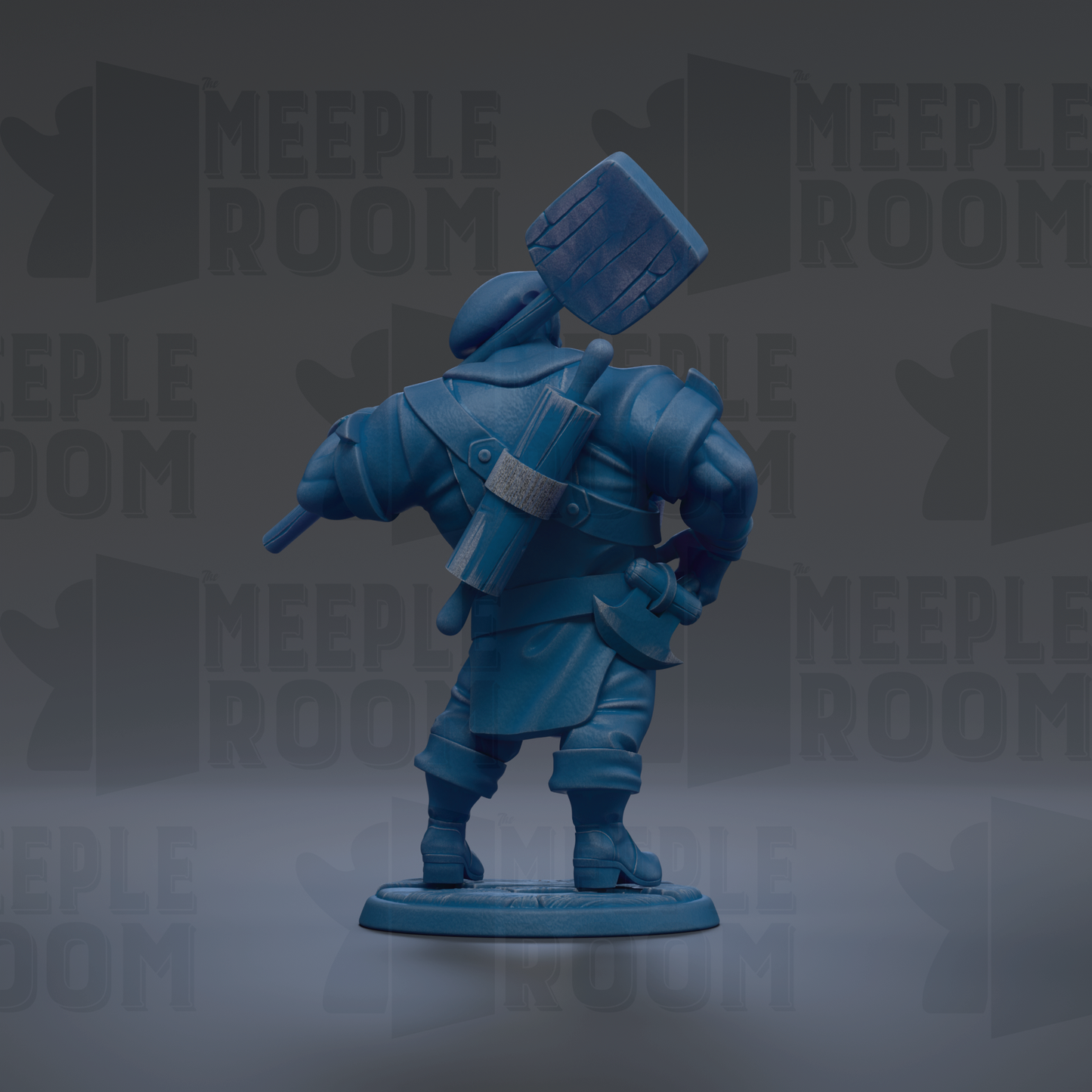 A blue figurine of a person standing on a base, with the text "MEUPLE ROOM" repeated in the background.