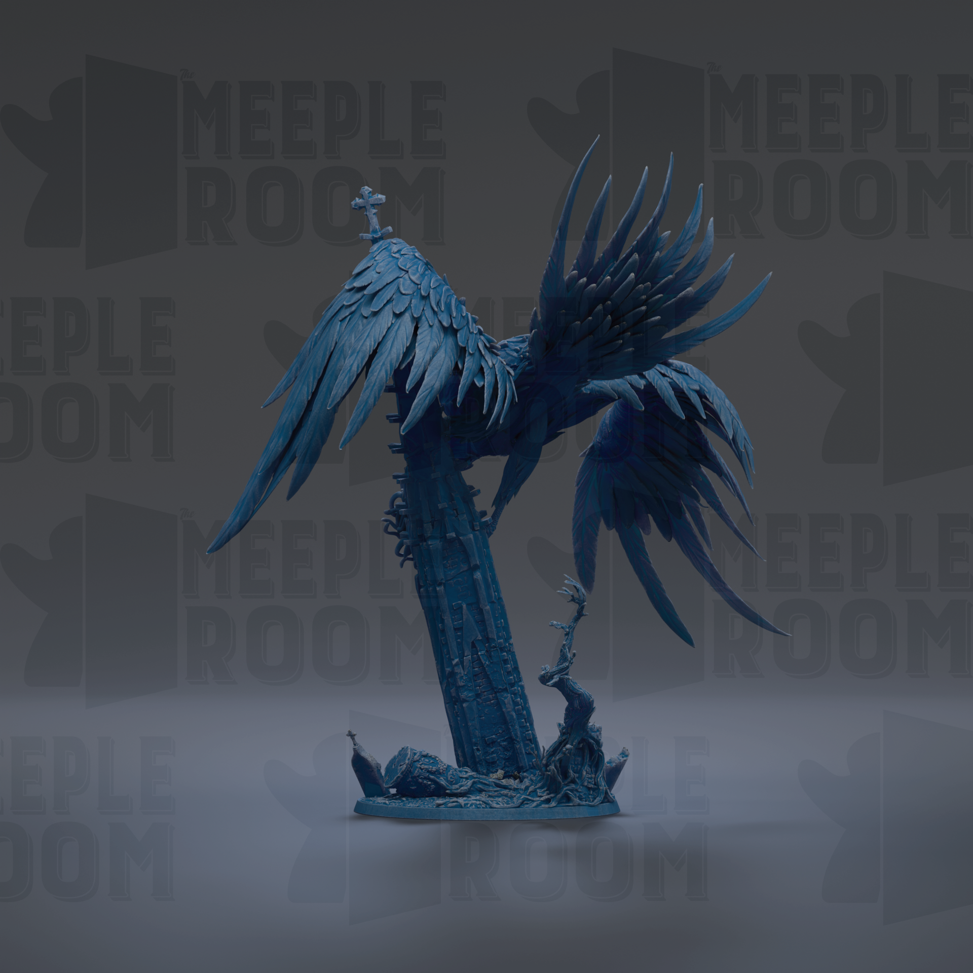 A dark blue, winged sculpture stands on a base, surrounded by a dark background with repeated text.