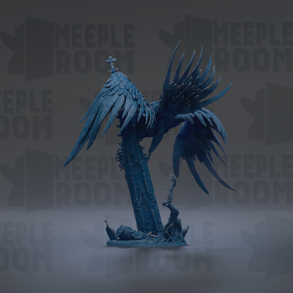 A dark blue, winged sculpture stands on a base, surrounded by a dark background with repeated text.