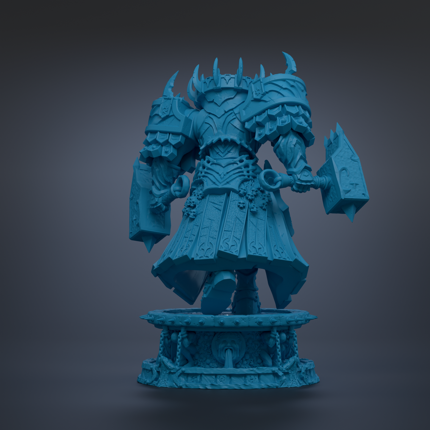 A 3D rendering of a blue armored knight figure, standing on a pedestal and holding a shield.