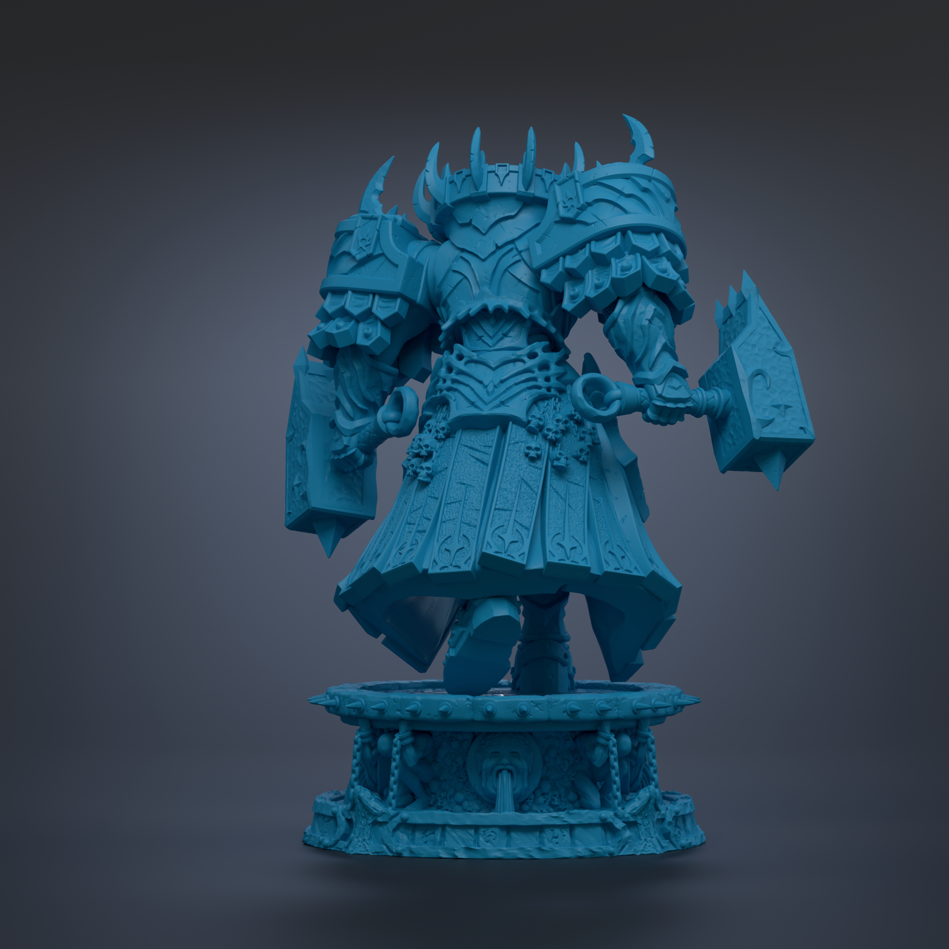 A 3D rendering of a blue armored knight figure, standing on a pedestal and holding a shield.