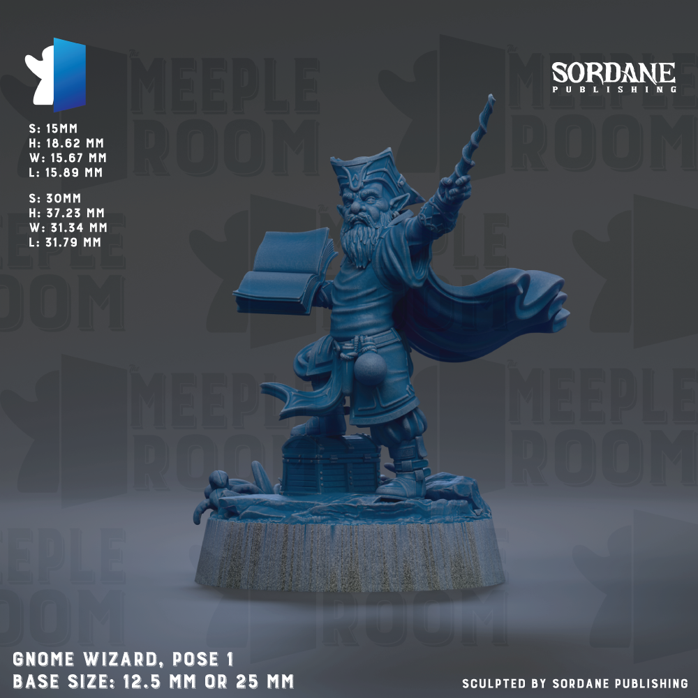 The image is a 3D rendering of a blue-colored figurine of a wizard, likely a gnome, posed in a dynamic pose with a book in one hand and a staff in the other. The base size of the figurine is 12.5 mm or 25 mm, depending on the perspective. The image is a collage of multiple images, and it is described as a sculpture by Sordane Publishing.