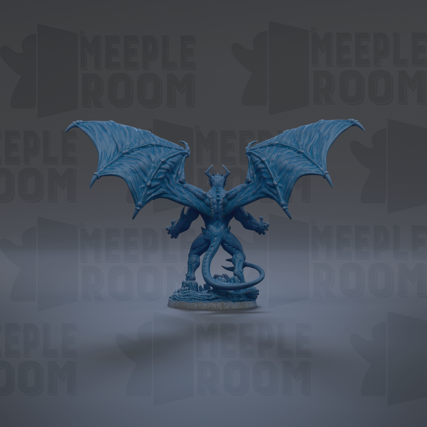 A blue dragon figurine with wings spread wide, standing on a base.