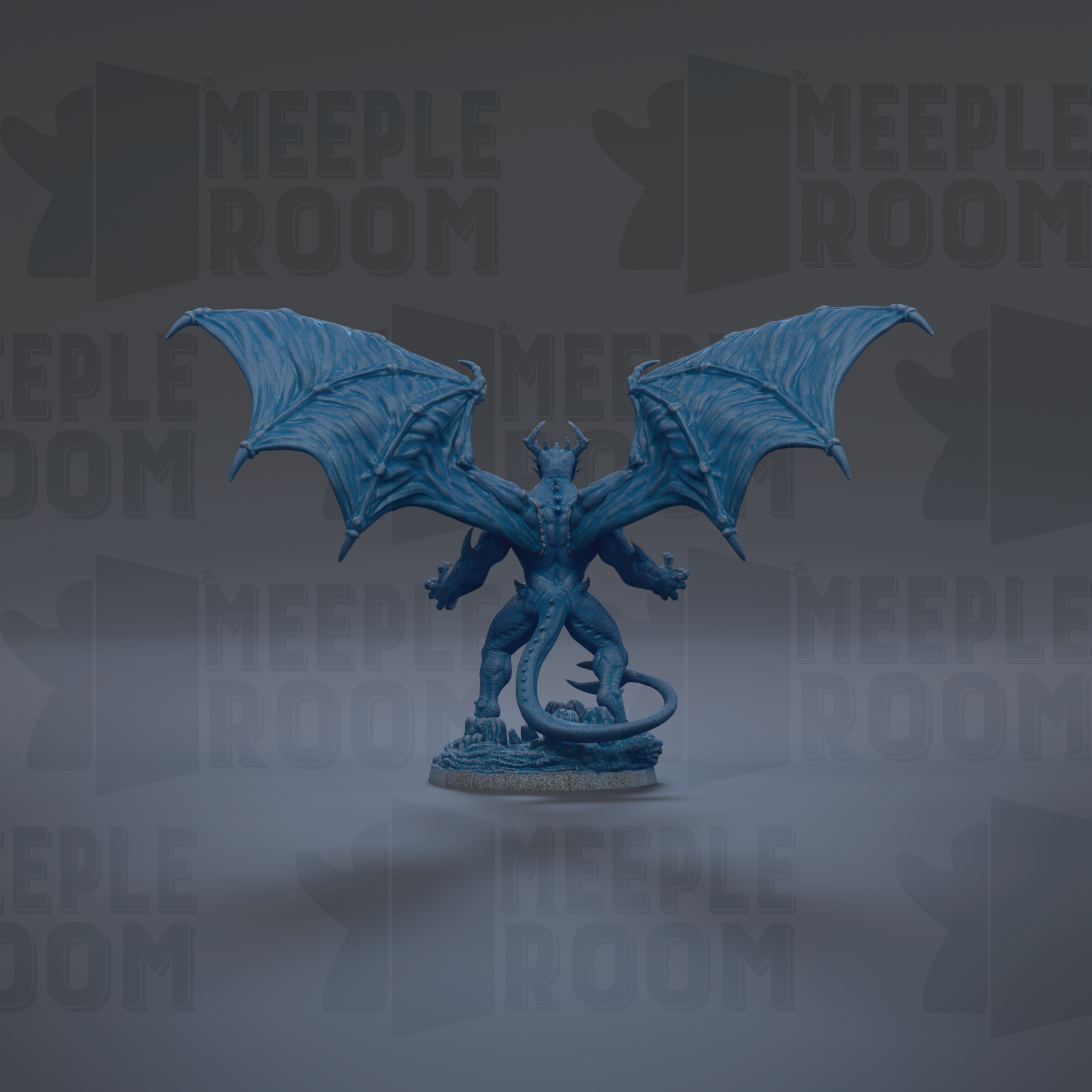 A blue dragon figurine with wings spread wide, standing on a base.