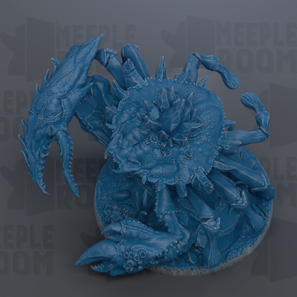 A detailed 3D rendering of a blue crab-like creature with sharp claws and a textured shell, set against a dark background with repeated text.