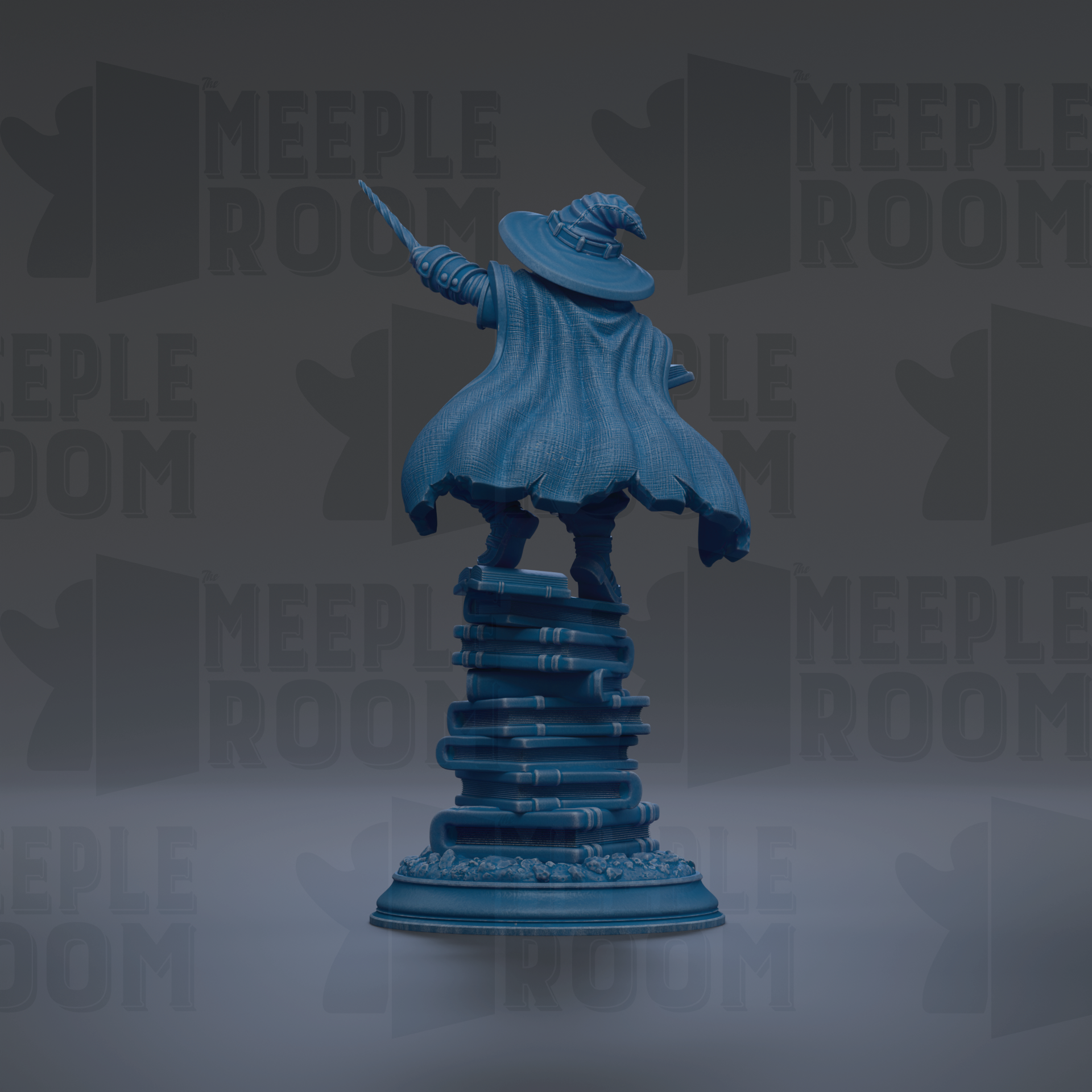 A blue statue of a wizard standing on a stack of books, with the text "MEUPLE ROOM" repeated in the background.