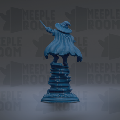 A blue statue of a wizard standing on a stack of books, with the text "MEUPLE ROOM" repeated in the background.