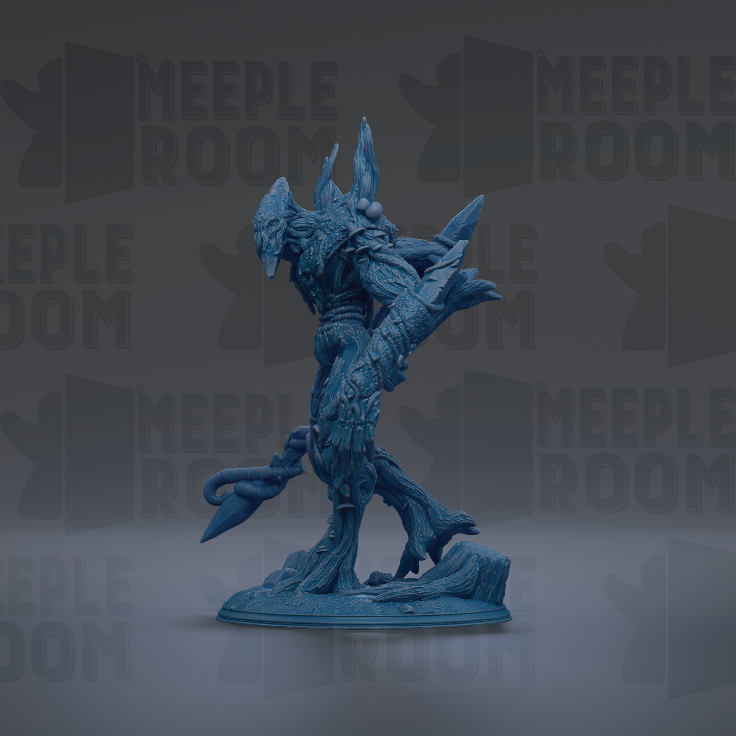 A blue, 3D-rendered figurine of a fantastical creature with sharp, pointed features stands prominently in the center of the image against a dark background.