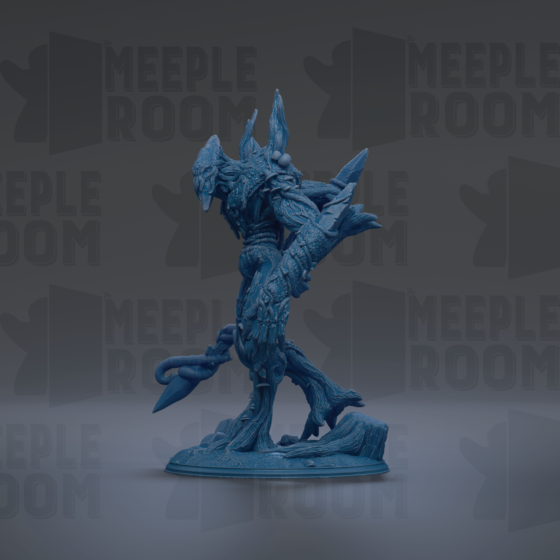 A blue, 3D-rendered figurine of a fantastical creature with sharp, pointed features stands prominently in the center of the image against a dark background.