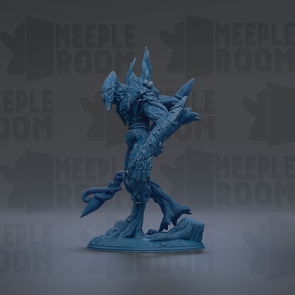 A blue, 3D-rendered figurine of a fantastical creature with sharp, pointed features stands prominently in the center of the image against a dark background.