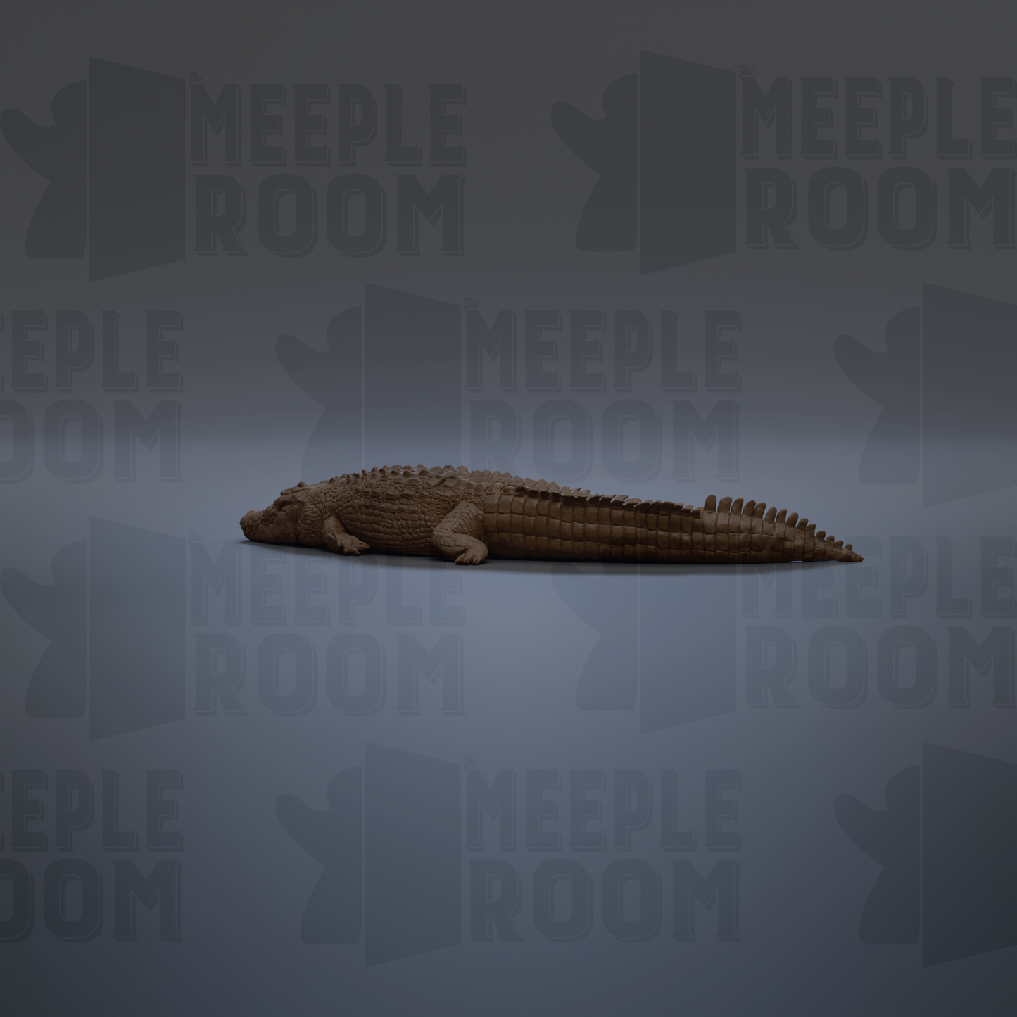 A 3D rendering of a crocodile laying on its side against a dark background.