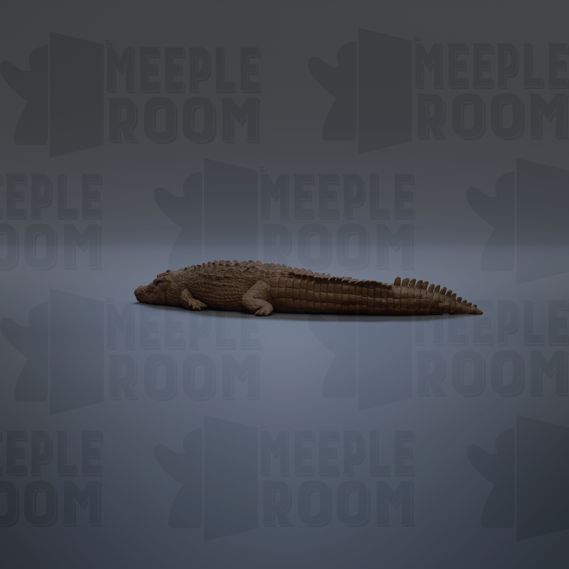 A 3D rendering of a crocodile laying on its side against a dark background.