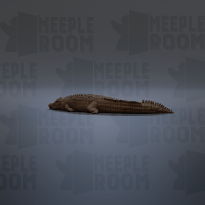 A 3D rendering of a crocodile laying on its side against a dark background.