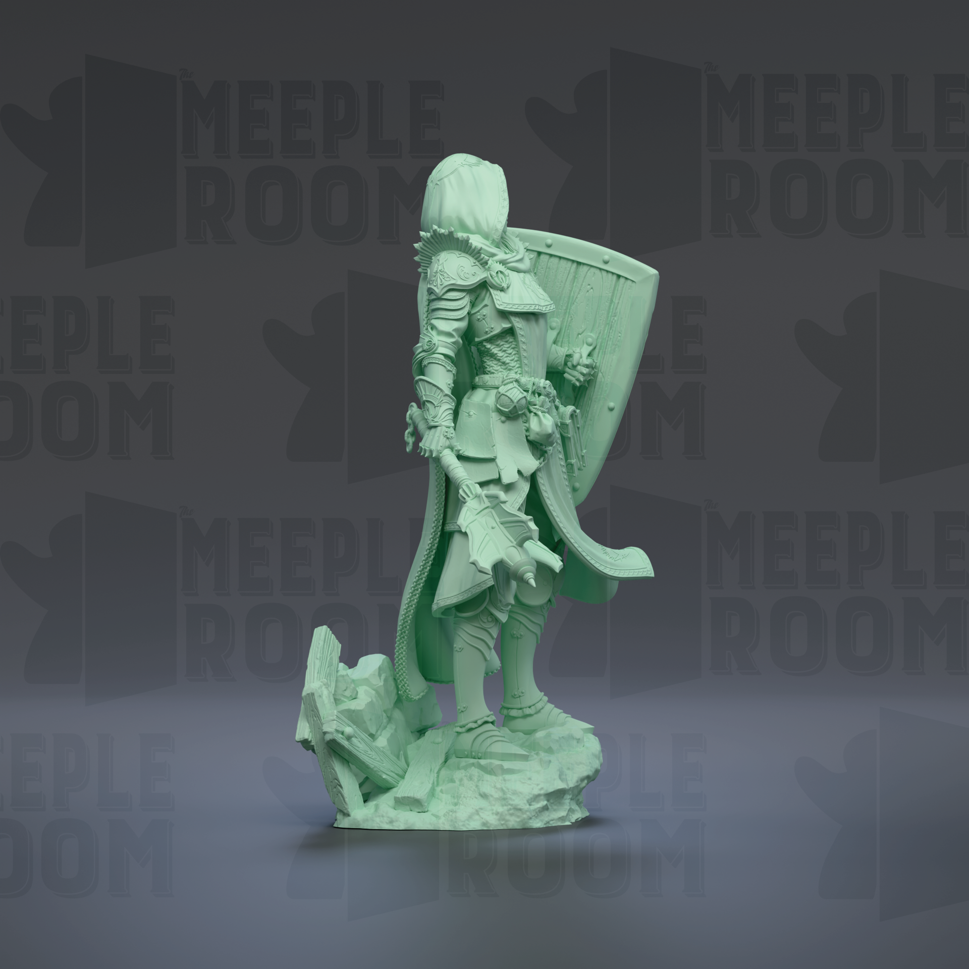 A green statue of a knight standing on a rock, holding a shield and sword.