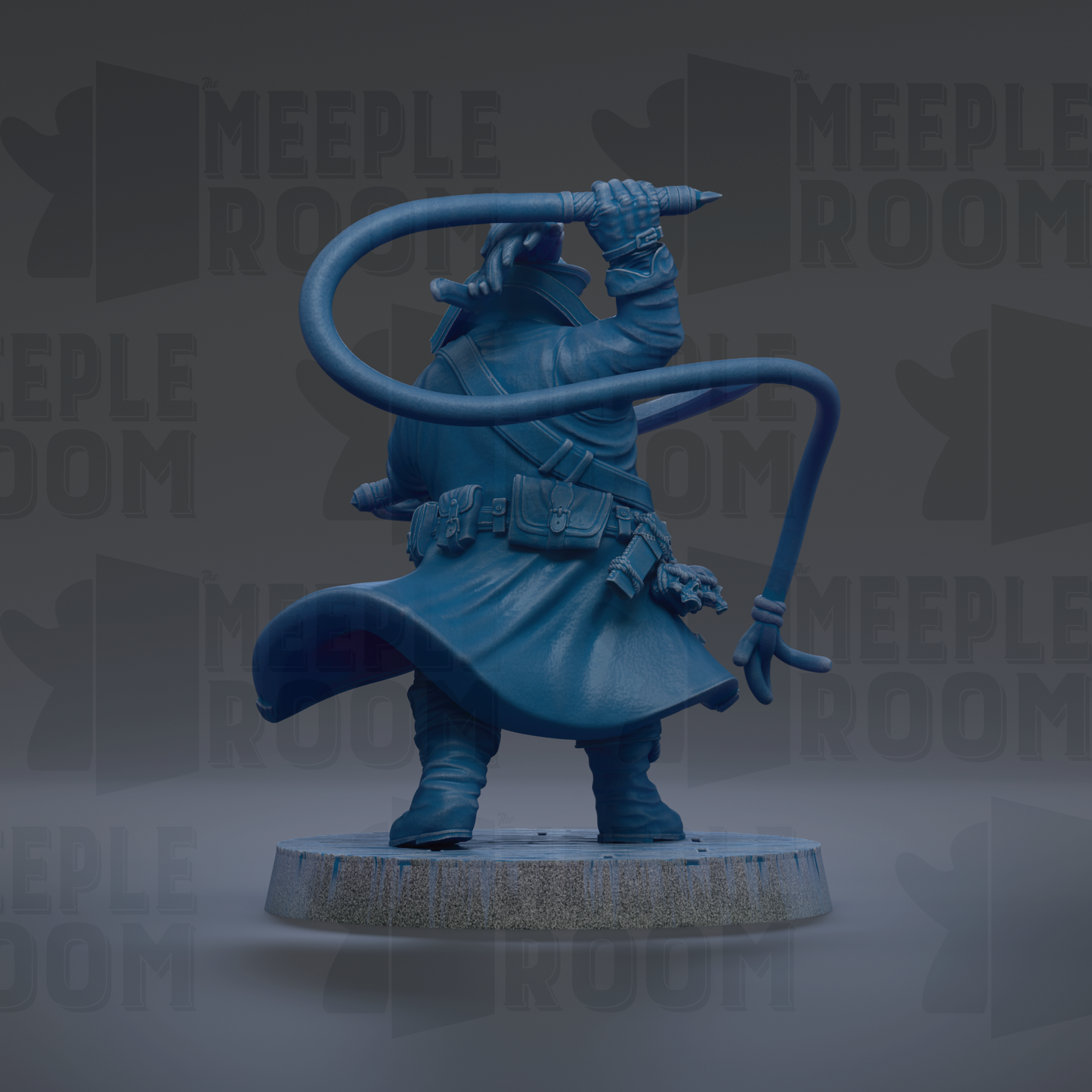 A blue statue of a person holding a whip and standing on a pedestal.