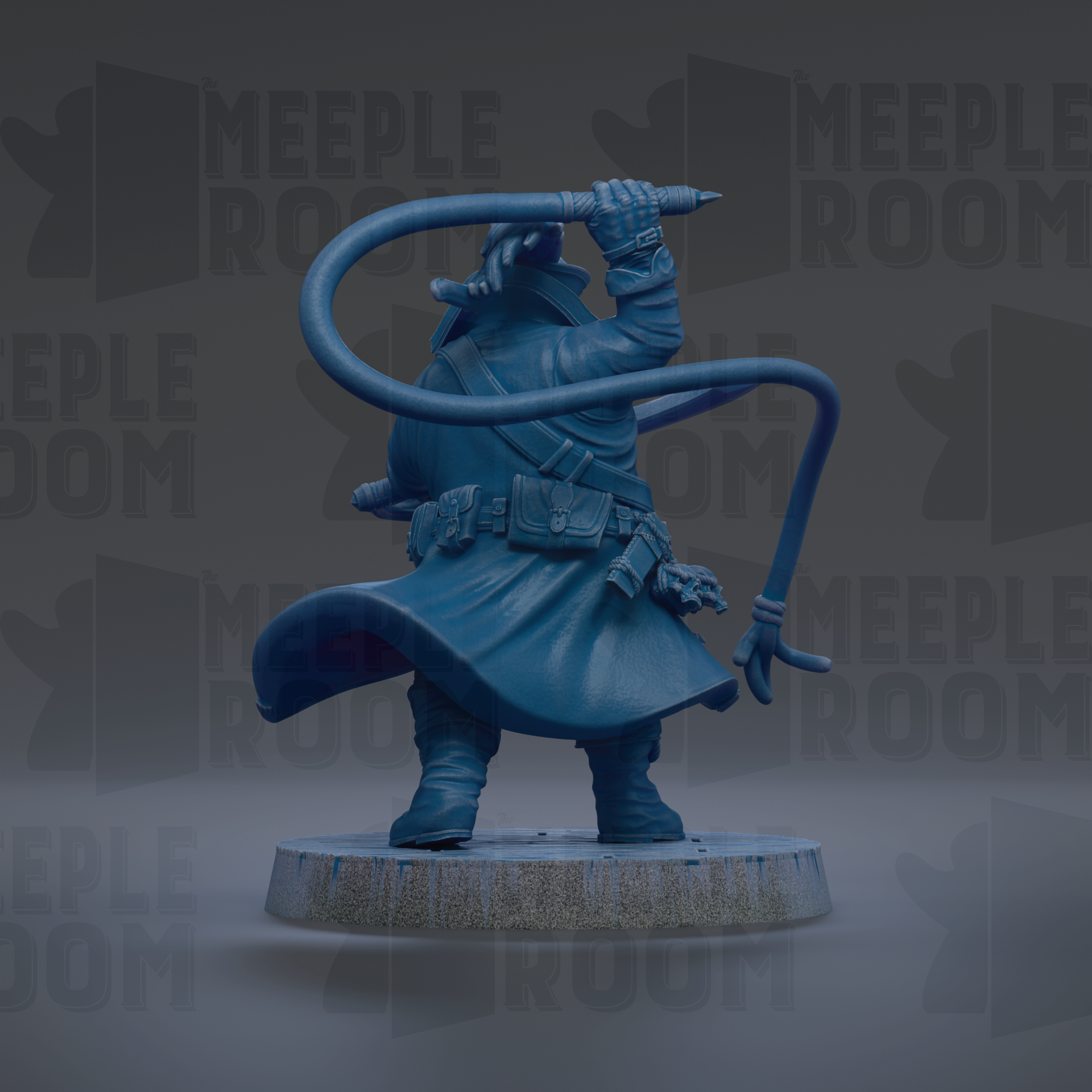 A blue statue of a person holding a whip and standing on a pedestal.