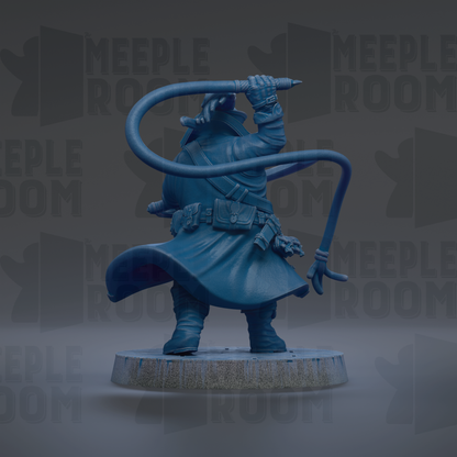 A blue statue of a person holding a whip and standing on a pedestal.