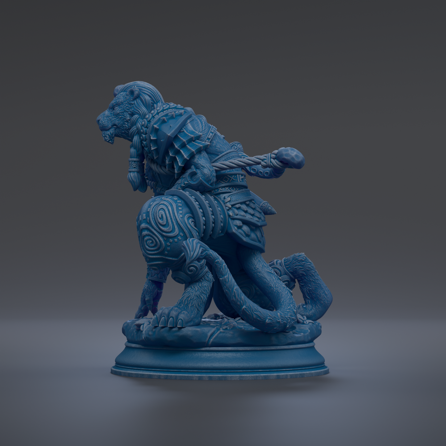 A blue, 3D-rendered statue of a fantastical creature with intricate patterns and designs, standing on a pedestal against a dark background.