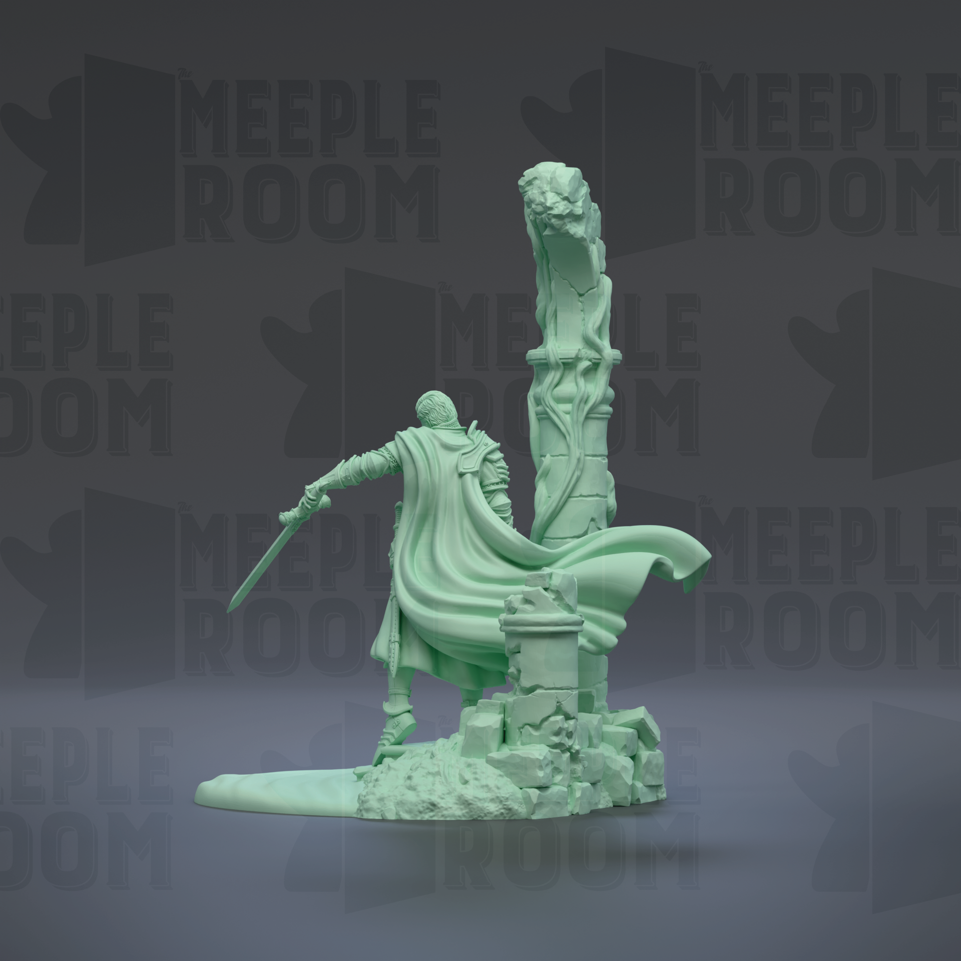A green statue of a person holding a sword and standing on a rocky base, with a large stone structure behind them.