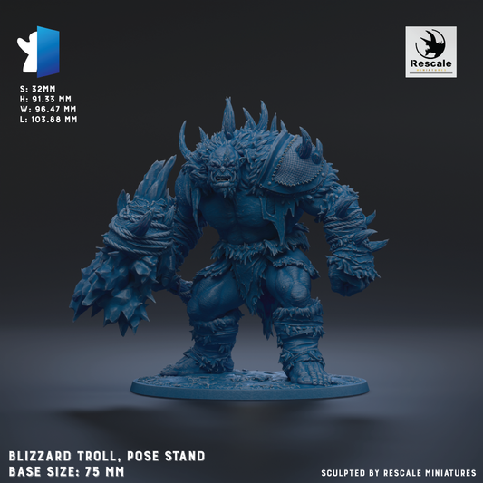 A 3D model of a blue, armored troll-like creature with spikes and claws, standing on a base. The image is labeled with the name of the character and its base size.