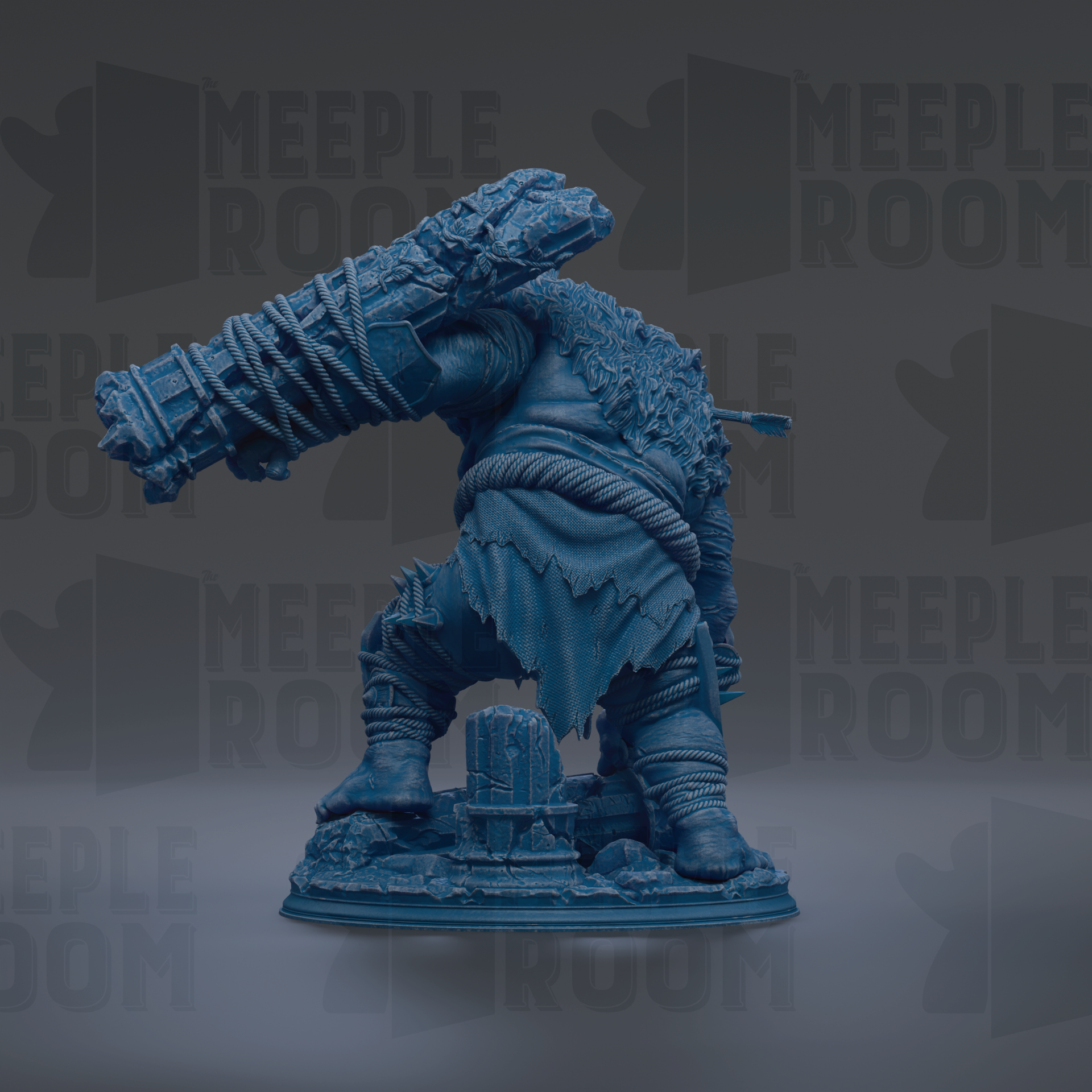 A blue, 3D-rendered statue of a large, imposing figure with a long, curved weapon.