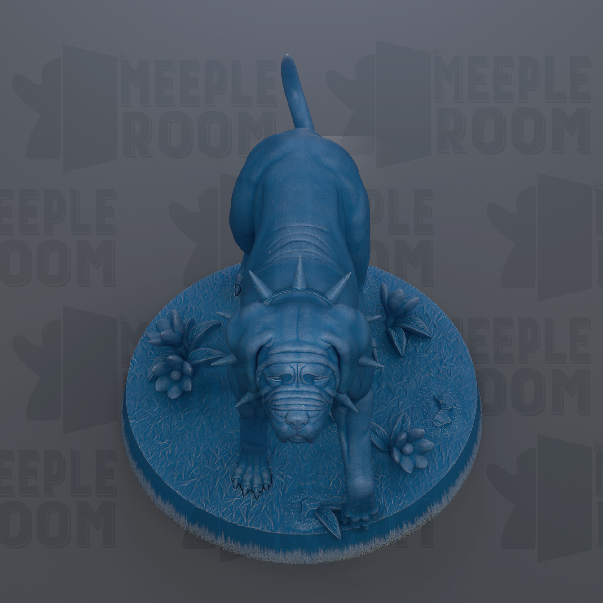 A blue, spiky dog statue is displayed on a blue base with flowers, against a gray background with repeated text.