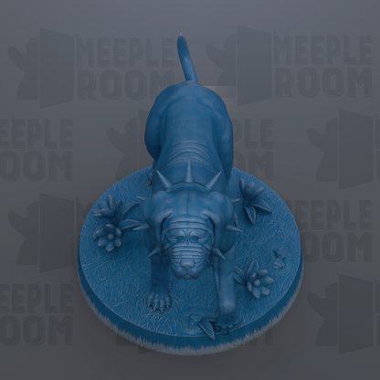 A blue, spiky dog statue is displayed on a blue base with flowers, against a gray background with repeated text.