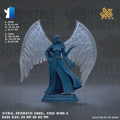 a blue statue of a winged female figure, possibly an angel, with large wings and a flowing robe. The statue is posed with one hand on her hip and the other hand extended outwards. The background of the image is dark, providing a contrast to the statue and making it stand out. The statue is described as a "prismatic angel" and "pose wing a" with a base size of 25mm or 60mm.