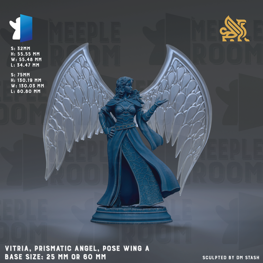 a blue statue of a winged female figure, possibly an angel, with large wings and a flowing robe. The statue is posed with one hand on her hip and the other hand extended outwards. The background of the image is dark, providing a contrast to the statue and making it stand out. The statue is described as a "prismatic angel" and "pose wing a" with a base size of 25mm or 60mm.