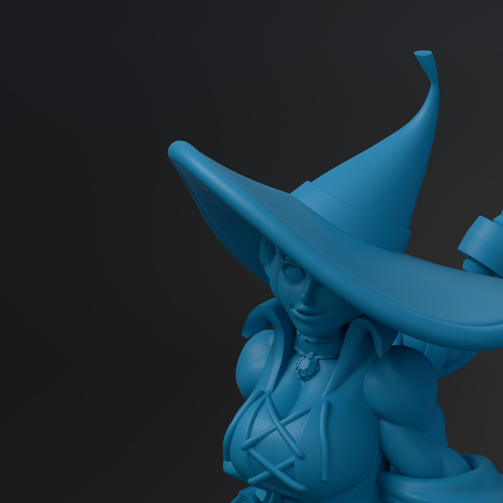 A 3D rendering of a blue-colored character wearing a pointed hat, with a necklace and a detailed costume.