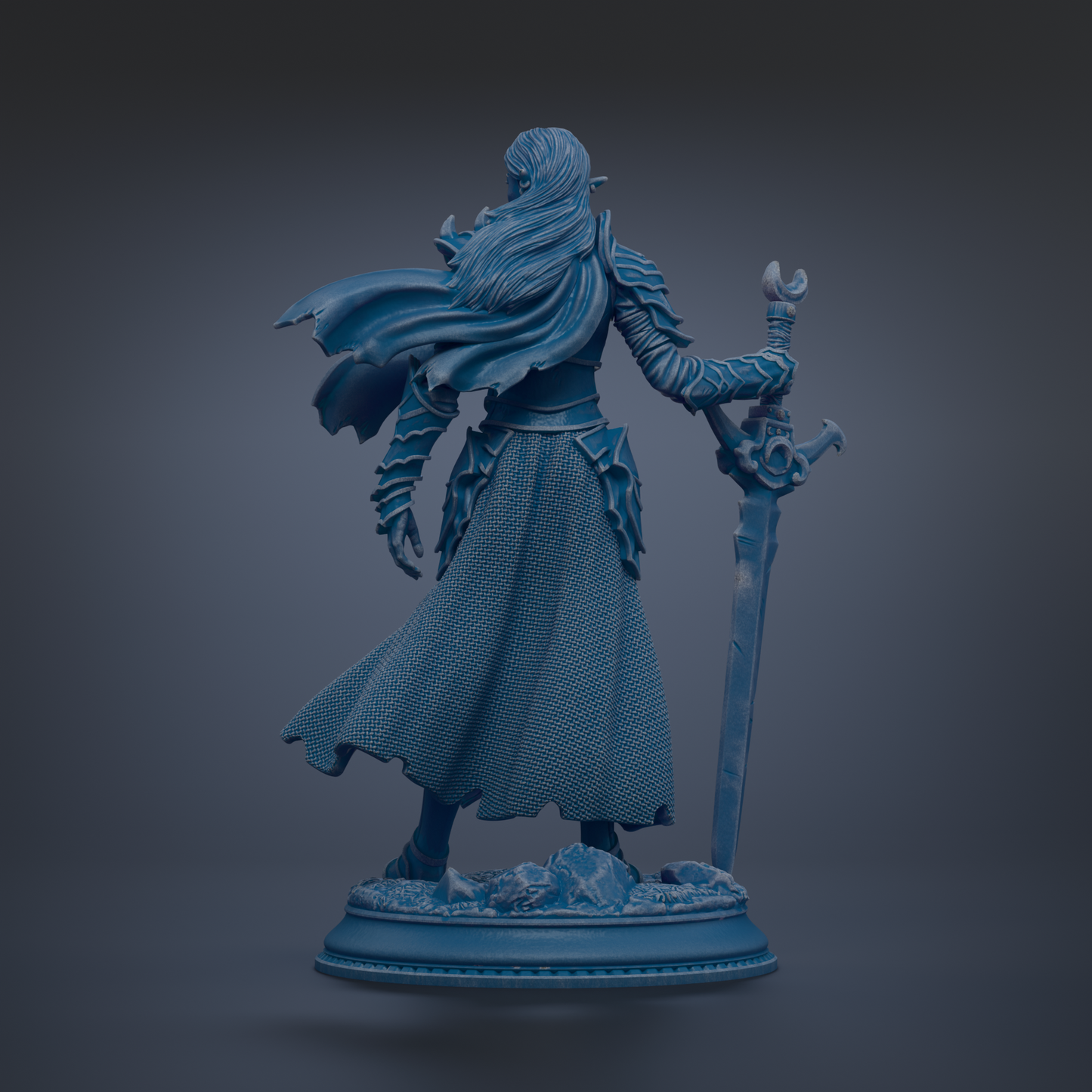A blue statue of a warrior figure holding a sword and shield, standing on a base.