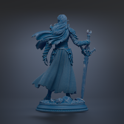 A blue statue of a warrior figure holding a sword and shield, standing on a base.