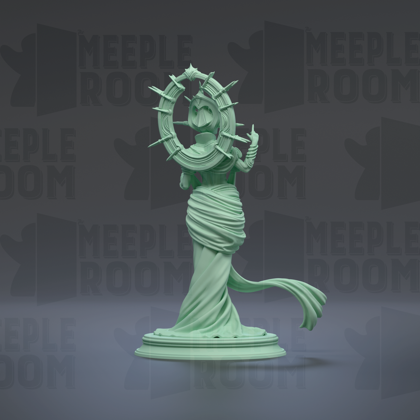 A green statue of the Statue of Liberty with a large headdress and a flowing skirt, standing on a pedestal.