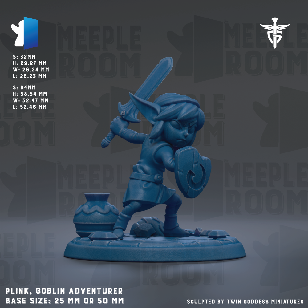 A blue figurine of Link, the protagonist from the Legend of Zelda video game series, is depicted in a dynamic pose with a sword and shield. The figurine is set against a dark background with the text "MEEPLE ROOM" repeated multiple times. The base size of the figurine is 25mm or 50mm.