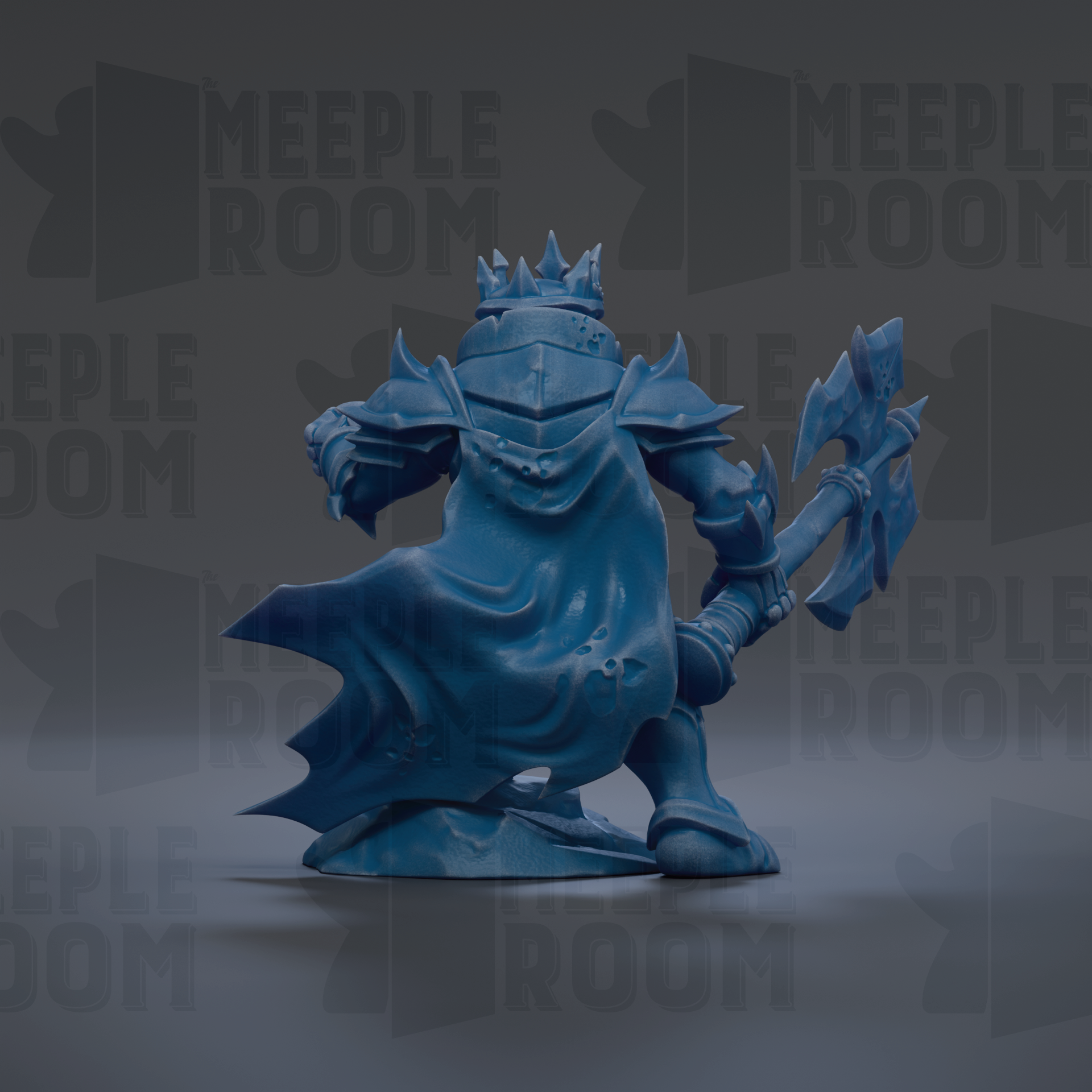 A blue armored figure with a crown, holding a weapon, is the central focus of the image.