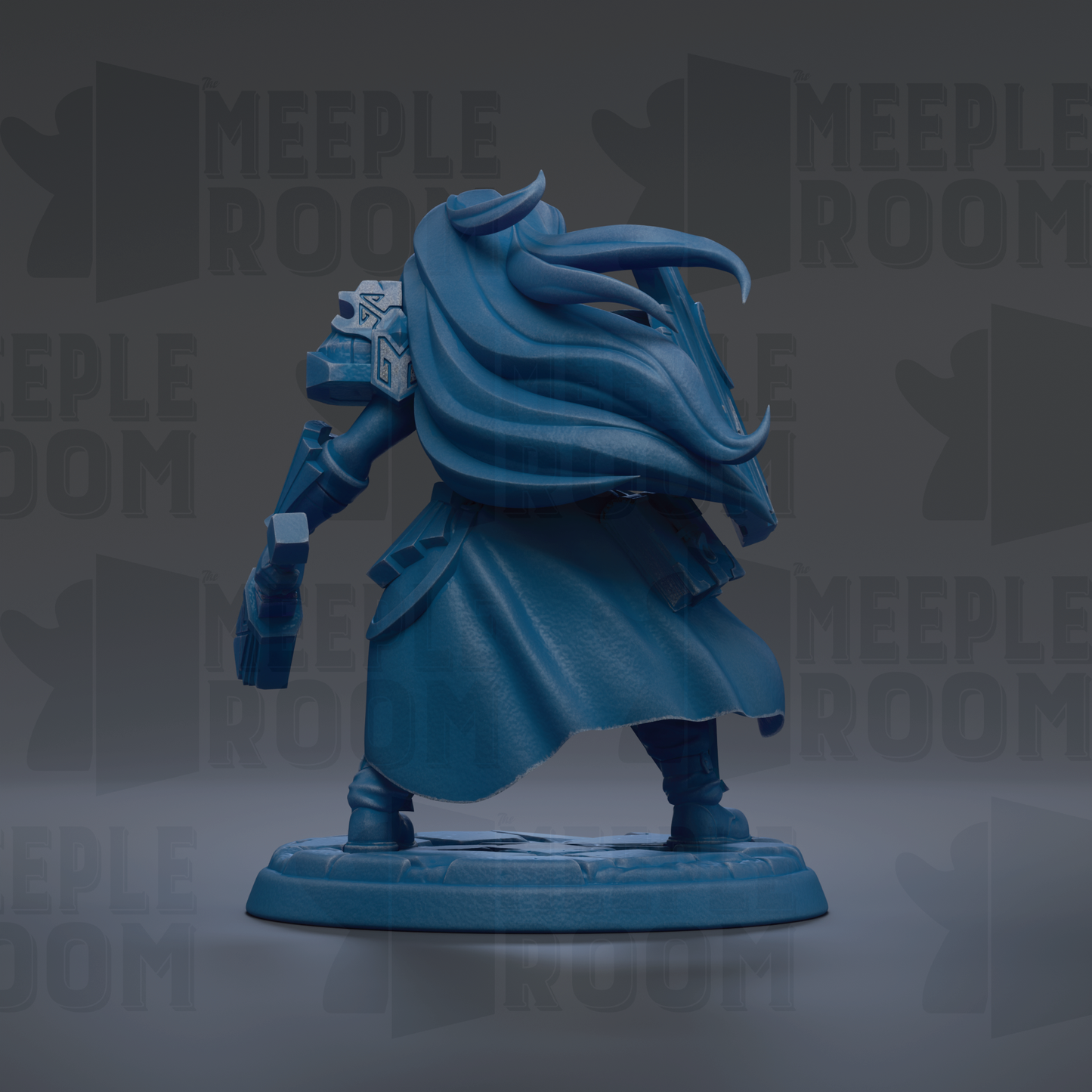 A blue figurine of a character with long hair and a flowing cape, standing on a base.