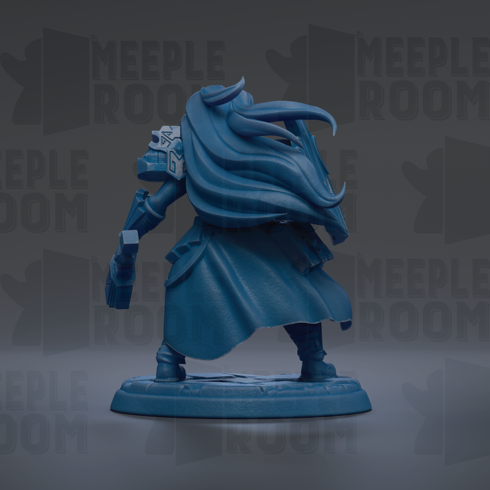 A blue figurine of a character with long hair and a flowing cape, standing on a base.