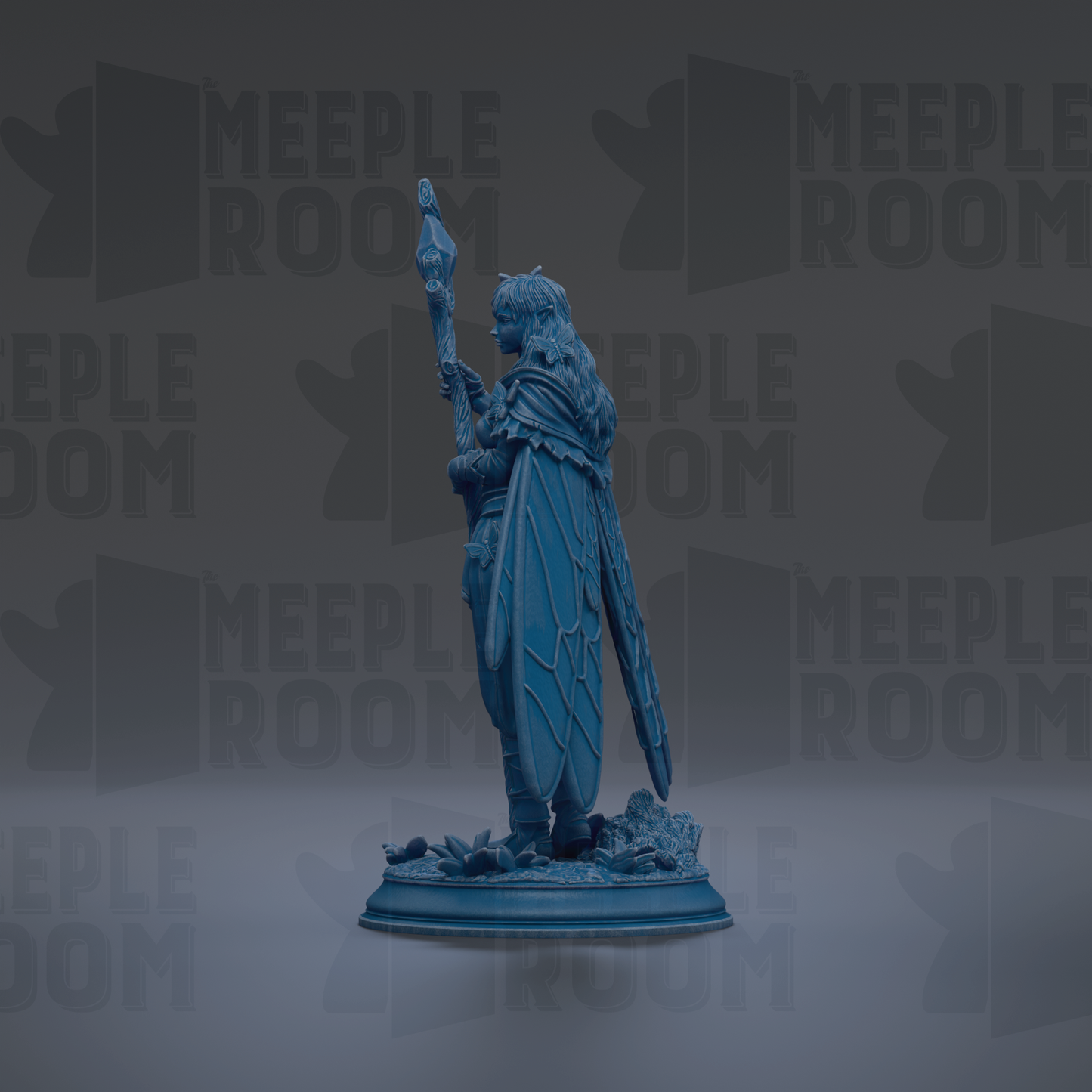 A blue figurine of a winged figure holding a staff, standing on a base, against a dark background with repeated text.