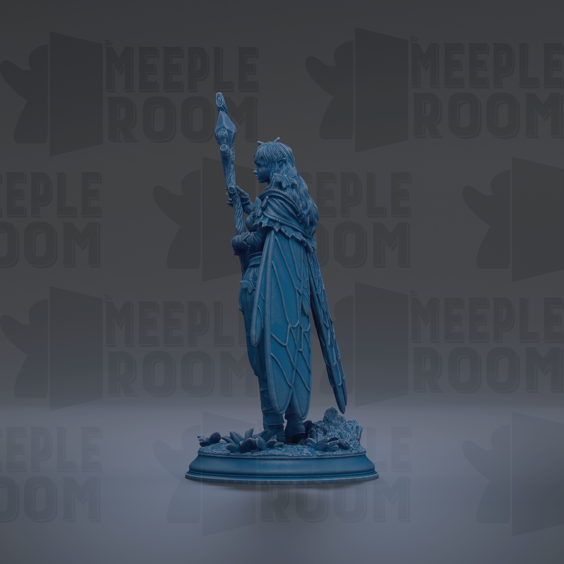 A blue figurine of a winged figure holding a staff, standing on a base, against a dark background with repeated text.