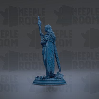 A blue figurine of a winged figure holding a staff, standing on a base, against a dark background with repeated text.
