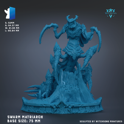 The image is a 3D model of a blue, fantastical creature resembling a parasite or parasite-like creature, possibly a parasite or parasite-like creature from a fantasy world. The creature has a large head, long legs, and sharp claws. The creature is shown in a dynamic pose, with its arms and legs spread out. The base size of the sculpture is 75 millimeters. The image is described as a "SWARM MATRIARCH" and is "Sculpted by WitchSong Miniatures".