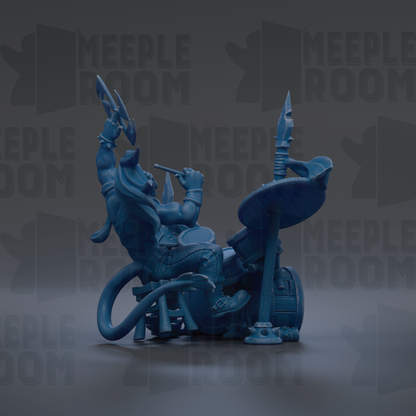 A blue, 3D-rendered character with a large head and a long, curved tail, holding a weapon and standing on a platform.